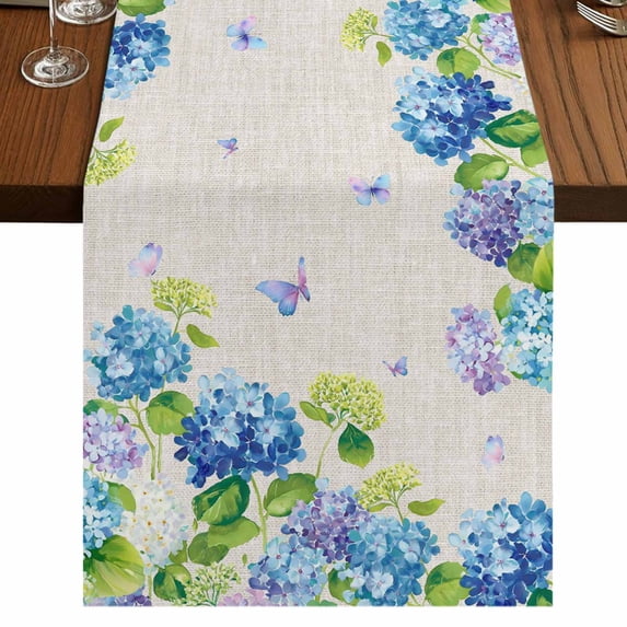 Table Runners 72 Inches Long Dress Scarves, Blue Hydrangea Farmhouse Kitchen/Dining Table Runner, Coffee Tablerunners, Linen Texture Butterfly Spring Floral 18x72 Inch