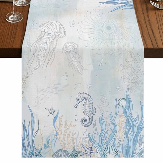 Table Runners 72 Inches Long Dress Scarves, Blue Seahorse Coastal Farmhouse Kitchen/Dining Table Runner, Coffee Tablerunners, Summer Beach Nautical Ocean Coral 16x72 Inch