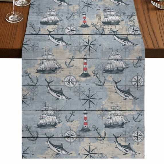 Table Runners 72 Inches Long Dress Scarves, Blue Seaports Farmhouse Kitchen Table Runner, Coffee Tablerunners, Vintage Ocean Anchor Shark Farmhouse Wood 14x72 Inch