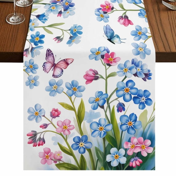 Table Runners 72 Inches Long Dress Scarves, Blue Spring Floral Farmhouse Kitchen Table Runner, Coffee Tablerunners, Pink Flowers Butterfly Pastoral 14x72 Inch