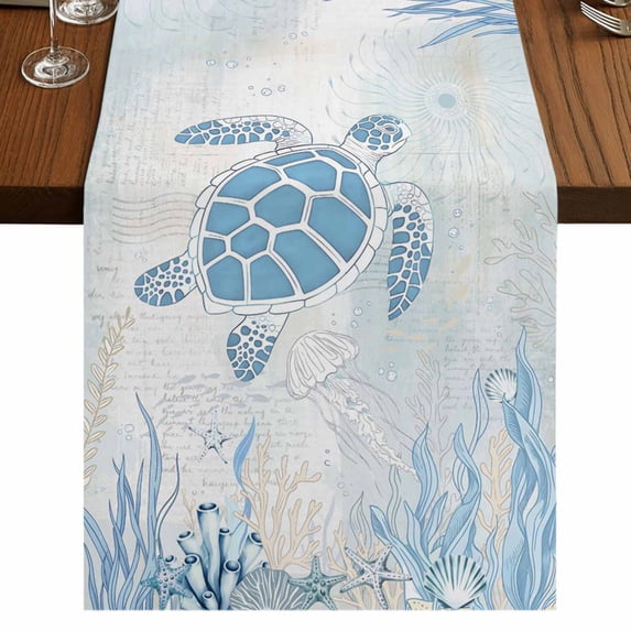 Table Runners 72 Inches Long Dress Scarves, Blue Turtle Coastal Farmhouse Kitchen/Dining Table Runner, Coffee Tablerunners, Coral Summer Beach Nautical Ocean Blue 18x72 Inch