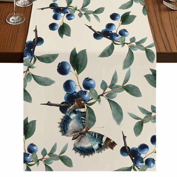 Table Runners 72 Inches Long Dress Scarves, Blueberry Spring Leaves Farmhouse Kitchen/Dining Table Runner, Coffee Tablerunners, Beige Botanical Branches 16x72 Inch