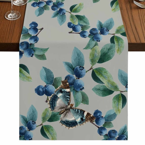 Table Runners 72 Inches Long Dress Scarves, Blueberry Spring Leaves Farmhouse Kitchen/Dining Table Runner, Coffee Tablerunners, Grey Botanical Branches 16x72 Inch