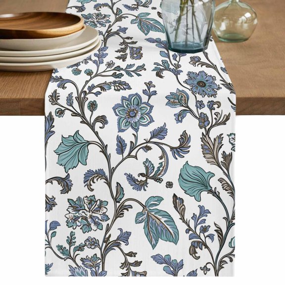 Table Runners 72 Inches Long Dress Scarves, Boho Leaf Farmhouse Kitchen/Dining Table Decor Table Runner, Coffee Tablerunners, Teal Green Spring Farmhouse Pastoral Tribal 13x72 Inch