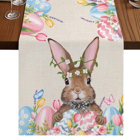 Table Runners 72 Inches Long Dress Scarves, Bunny Easter Farmhouse Kitchen Table Runner, Coffee Tablerunners, Pink Blue Eggs Tulips Floral Rabbit Rustic 18x72 Inch