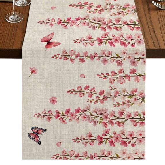 Table Runners 72 Inches Long Dress Scarves, Butterfly Flower Farmhouse Kitchen Table Runner, Coffee Tablerunners, Farmhouse Country Pink Floral on Linen 14x72 Inch