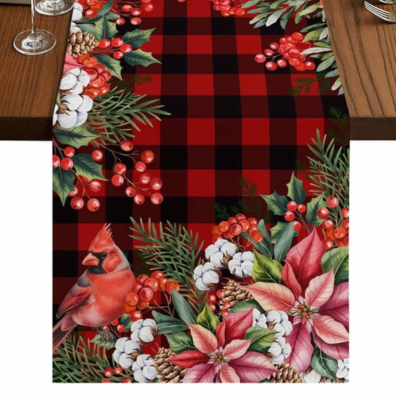 Table Runners 72 Inches Long Dress Scarves, Cardinal Bird Farmhouse Kitchen Table Runner, Coffee Tablerunners, Poinsettia Pine Cones Berry Flowers Red Plaid 16x72 Inch
