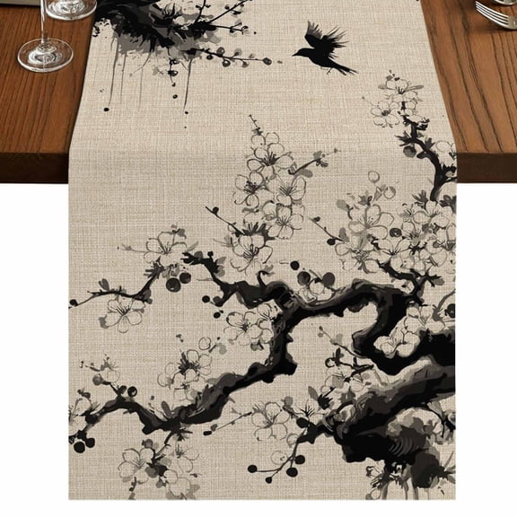 Table Runners 72 Inches Long Dress Scarves, Chinese Farmhouse Kitchen/Dining Table Runner, Coffee Tablerunners, Black White Tree Flowers Traditional Ink Painting 16x72 Inch