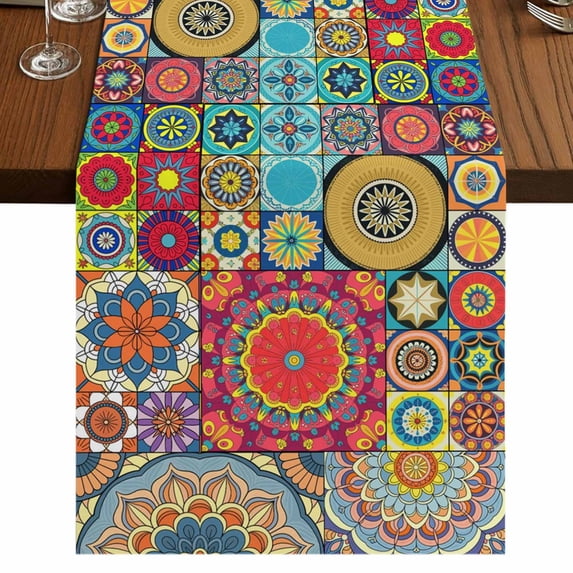 Table Runners 72 Inches Long Dress Scarves, Colorful Ethnic Farmhouse Kitchen Table Runner, Coffee Tablerunners, National Modern Geometric Blue Green 18x72 Inch