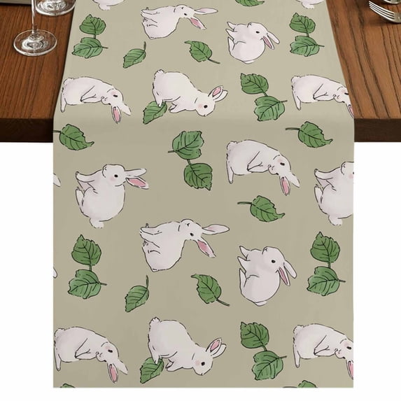 Table Runners 72 Inches Long Dress Scarves, Cute Rabbits Farmhouse Kitchen/Dining Table Runner, Coffee Tablerunners, Country Leaves Botanical Cartoon Bunny Beige 13x72 Inch