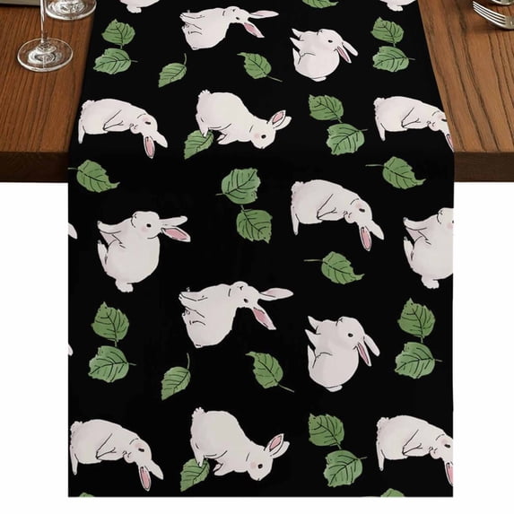 Table Runners 72 Inches Long Dress Scarves, Cute Rabbits Farmhouse Kitchen/Dining Table Runner, Coffee Tablerunners, Country Leaves Plants Cartoon Bunny Black 13x72 Inch