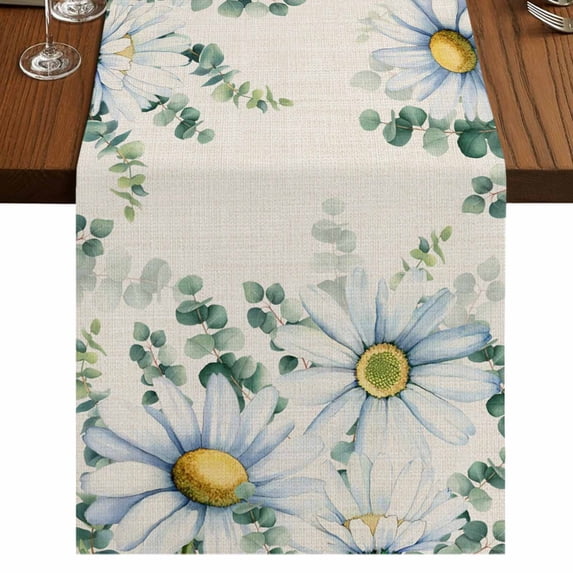 Table Runners 72 Inches Long Dress Scarves, Daisy Eucalyptus Leaves Farmhouse Kitchen/Dining Table Runner, Coffee Tablerunners, Rustic Weeping Botanical Linen 14x72 Inch