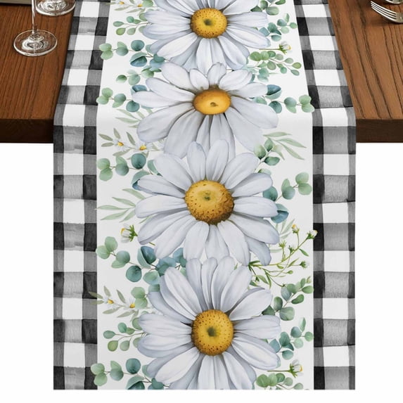 Table Runners 72 Inches Long Dress Scarves, Daisy Farmhouse Kitchen Table Runner, Coffee Tablerunners, Spring Floral Black Plaid Eucalyptus Leaves 18x72 Inch