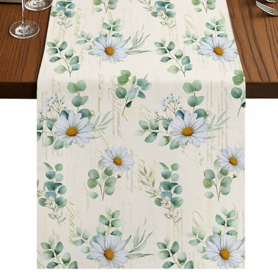 Table Runners 72 Inches Long Dress Scarves, Daisy Farmhouse Kitchen Table Runner, Coffee Tablerunners, Spring Floral Eucalyptus Leaves Botanical Beige 14x72 Inch