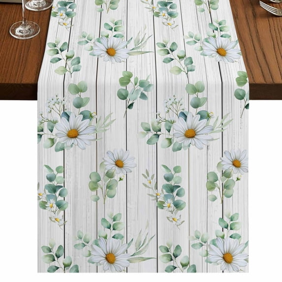 Table Runners 72 Inches Long Dress Scarves, Daisy Farmhouse Kitchen Table Runner, Coffee Tablerunners, Spring Floral Eucalyptus Leaves Botanical Gray Wood 14x72 Inch
