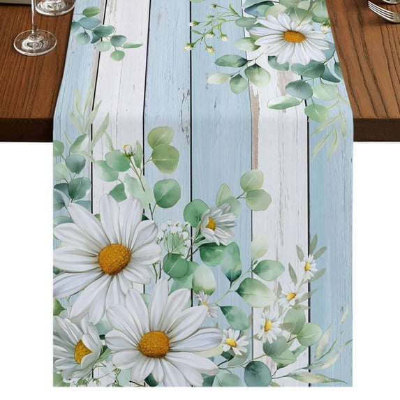 Table Runners 72 Inches Long Dress Scarves, Daisy Spring Floral Farmhouse Kitchen/Dining Table Runner, Coffee Tablerunners, Eucalyptus Leaves Watercolor Wooden 16x72 Inch