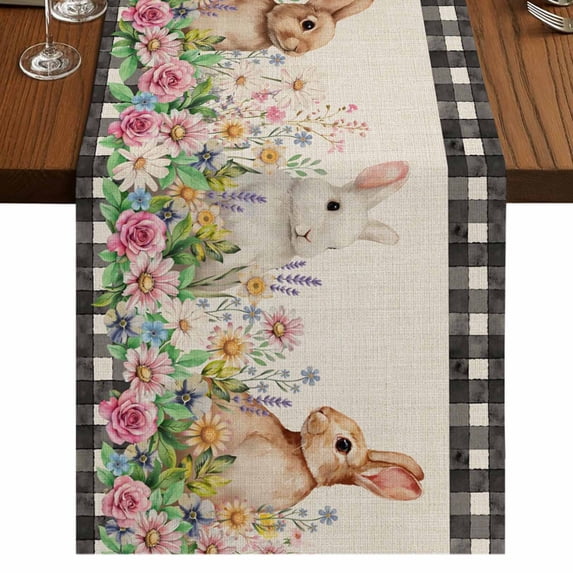 Table Runners 72 Inches Long Dress Scarves, Easter Bunny Farmhouse Kitchen/Dining Table Runner, Coffee Tablerunners, Spring Flowers Leaves Cute Rabbits Pastoral Plants 14x72 Inch