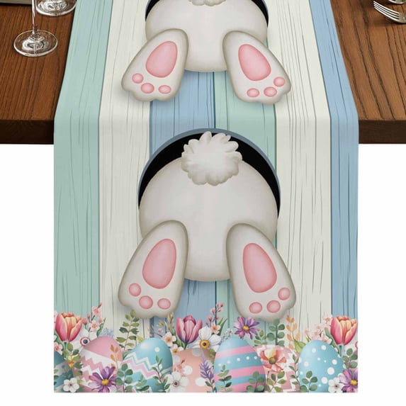 Table Runners 72 Inches Long Dress Scarves, Easter Bunny Farmhouse Kitchen Table Runner, Coffee Tablerunners, Cute Rabbit Eggs Flowers Farmhouse Wood 14x72 Inch