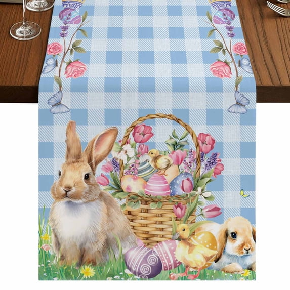 Table Runners 72 Inches Long Dress Scarves, Easter Bunny Farmhouse Kitchen Table Runner, Coffee Tablerunners, Spring Easter Eggs Floral Blue Check 16x72 Inch