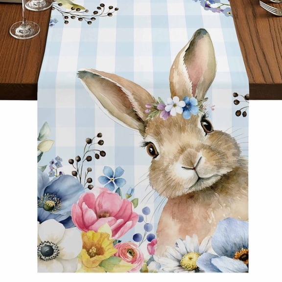 Table Runners 72 Inches Long Dress Scarves, Easter Bunny Farmhouse Kitchen Table Runner, Coffee Tablerunners, Spring Watercolor Flower Blue Plaid 16x72 Inch