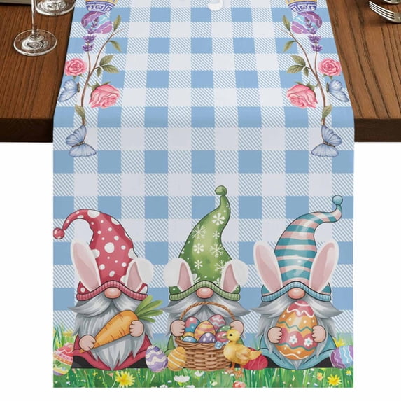 Table Runners 72 Inches Long Dress Scarves, Easter Bunny Gnomes Farmhouse Kitchen Table Runner, Coffee Tablerunners, Spring Easter Eggs Floral Blue Plaid 14x72 Inch