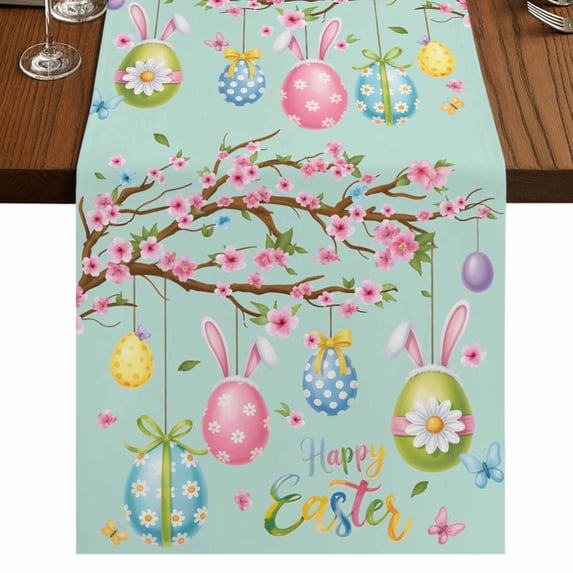 Table Runners 72 Inches Long Dress Scarves, Easter Eggs Farmhouse Kitchen Table Runner, Coffee Tablerunners, Spring Watercolor Bunny Flower Green 16x72 Inch