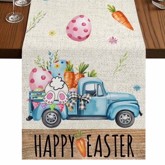 Table Runners 72 Inches Long Dress Scarves, Easter Farmhouse Kitchen Table Runner, Coffee Tablerunners, Blue Truck Eggs Bunny Vintage Art 14x72 Inch
