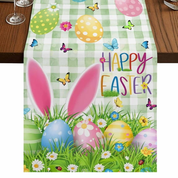Table Runners 72 Inches Long Dress Scarves, Easter Farmhouse Kitchen Table Runner, Coffee Tablerunners, Spring Easter Eggs Bunny Butterflies Green Plaid 16x72 Inch