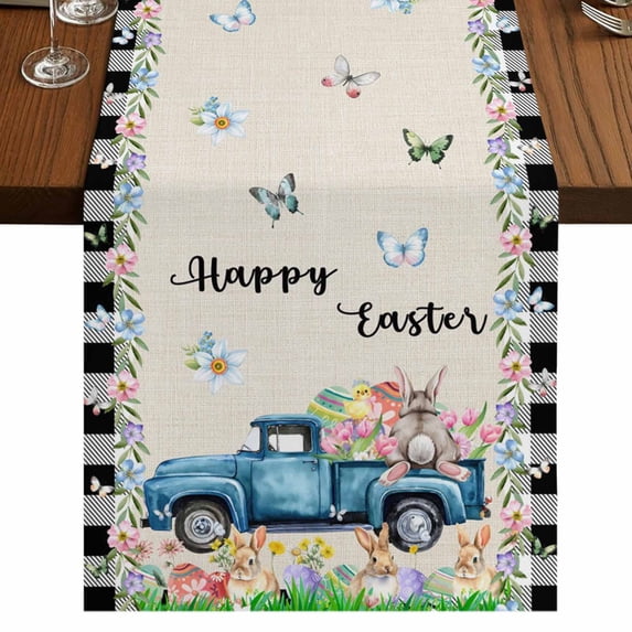 Table Runners 72 Inches Long Dress Scarves, Easter Farmhouse Kitchen Table Runner, Coffee Tablerunners, Spring Farmhouse Truck Rabbit Eggs Floral Plaid 16x72 Inch