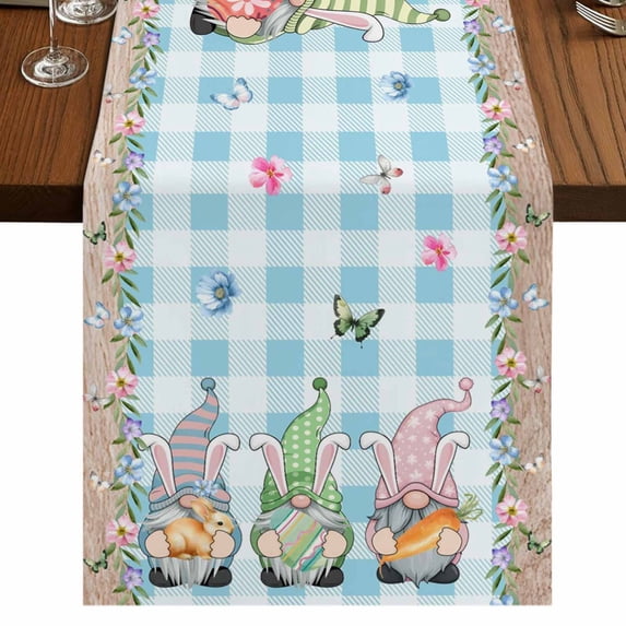 Table Runners 72 Inches Long Dress Scarves, Easter Farmhouse Kitchen Table Runner, Coffee Tablerunners, Spring Gnomes Bunny Eggs Flowers Blue Checkered 16x72 Inch