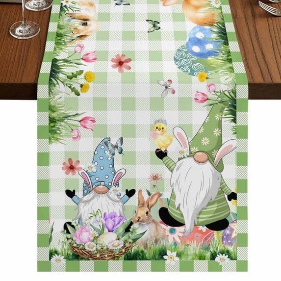 Table Runners 72 Inches Long Dress Scarves, Easter Farmhouse Kitchen Table Runner, Coffee Tablerunners, Spring Gnomes Flowers Rabbit Butterfly Green Plaid 18x72 Inch