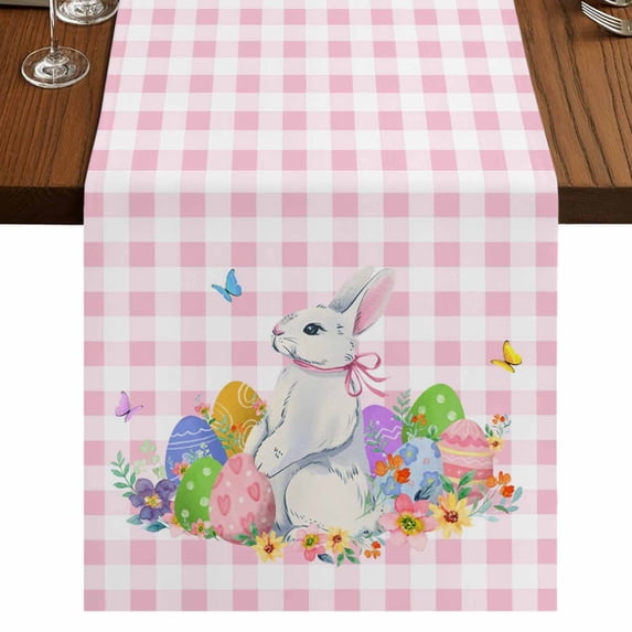 Table Runners 72 Inches Long Dress Scarves, Easter Farmhouse Kitchen Table Runner, Coffee Tablerunners, Spring Watercolor Bunny Eggs Butterflies Pink Plaid 14x72 Inch