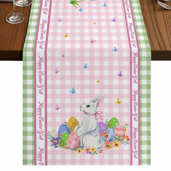 Table Runners 72 Inches Long Dress Scarves, Easter Farmhouse Kitchen Table Runner, Coffee Tablerunners, Spring Watercolor Easter Eggs Bunny Pink Green Plaid 14x72 Inch