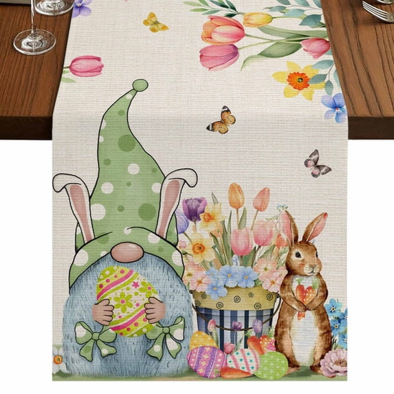 Table Runners 72 Inches Long Dress Scarves, Easter Gnomes Farmhouse Kitchen Table Runner, Coffee Tablerunners, Spring Watercolor Bunny Tulip Flower Beige 16x72 Inch