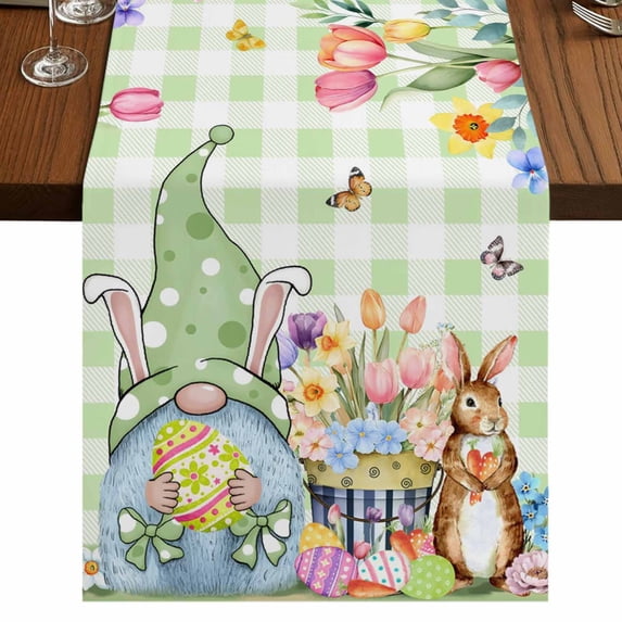 Table Runners 72 Inches Long Dress Scarves, Easter Gnomes Farmhouse Kitchen Table Runner, Coffee Tablerunners, Spring Watercolor Bunny Tulip Green Plaid 14x72 Inch