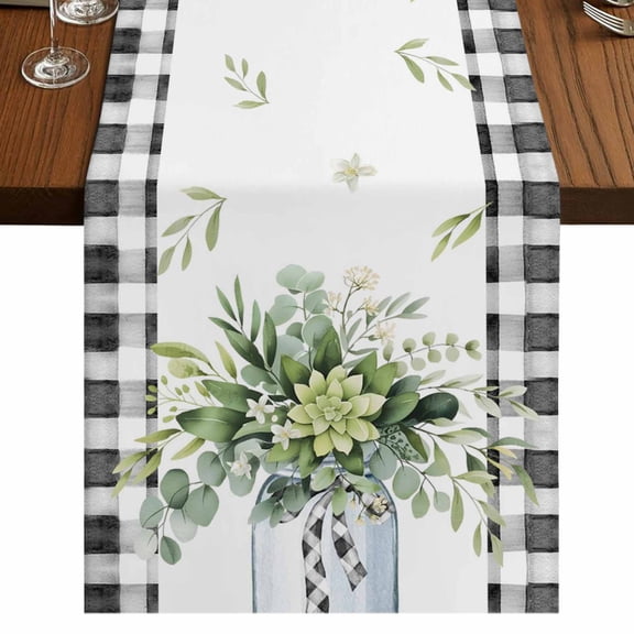 Table Runners 72 Inches Long Dress Scarves, Eucalyptus Leaf Farmhouse Kitchen Table Runner, Coffee Tablerunners, Farmhouse Buffalo Plaid Green Botanical 16x72 Inch