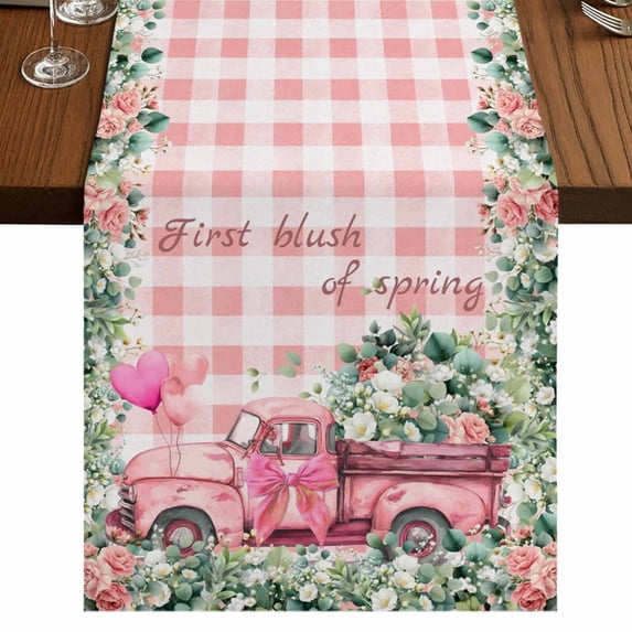 Table Runners 72 Inches Long Dress Scarves, Eucalyptus Trucks Farmhouse Kitchen/Dining Table Runner, Coffee Tablerunners, Spring Farmhouse Floral Leaves Pink Plaid 18x72 Inch