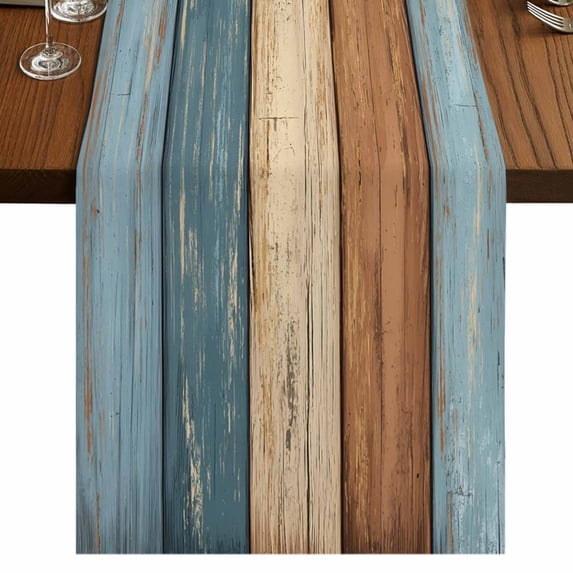 Table Runners 72 Inches Long Dress Scarves, Farmhouse Blue Brown Farmhouse Kitchen Table Runner, Coffee Tablerunners, Vintage Wooden Striped 14x72 Inch
