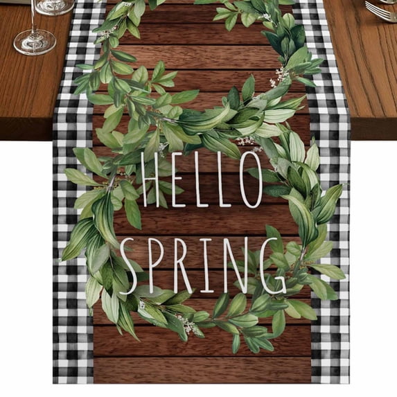 Table Runners 72 Inches Long Dress Scarves, Farmhouse Green Garland Farmhouse Kitchen/Dining Table Runner, Coffee Tablerunners, Spring Black Plaid Wood Grain 14x72 Inch