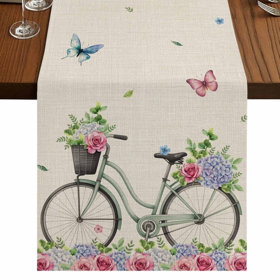 Table Runners 72 Inches Long Dress Scarves, Farmhouse Spring Farmhouse Kitchen/Dining Table Runner, Coffee Tablerunners, Retro Bicycles Flowers Vines Butterfly 16x72 Inch