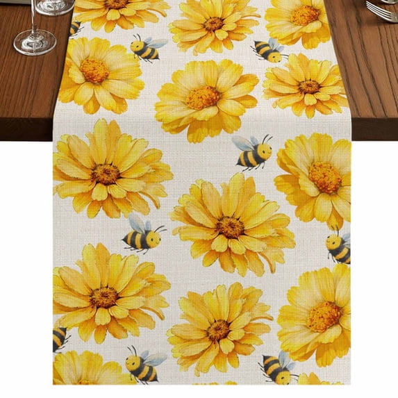 Table Runners 72 Inches Long Dress Scarves, Golden Chrysanthemum Farmhouse Kitchen/Dining Table Runner, Coffee Tablerunners, Farmhouse Bees Floral Burlap 14x72 Inch