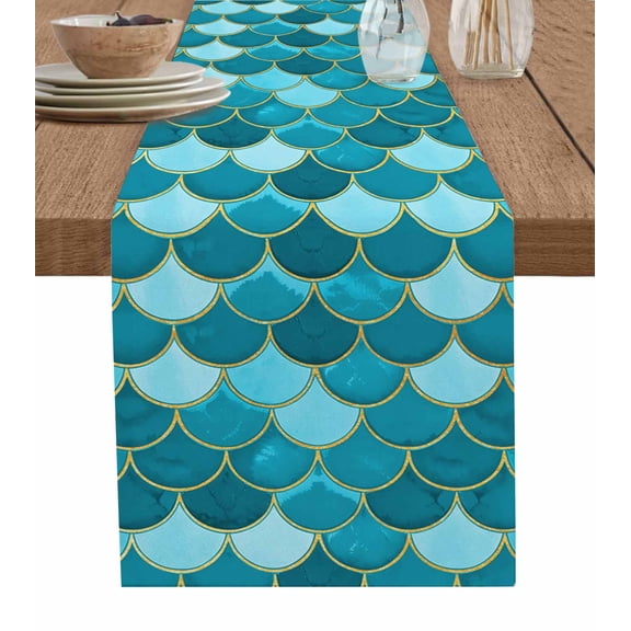 Table Runners 72 Inches Long Dress Scarves, Green Farmhouse Kitchen/Dining Table Runner, Coffee Tablerunners, Modern Geometric Fish Scale Abstract Moroccan 13x72 Inch