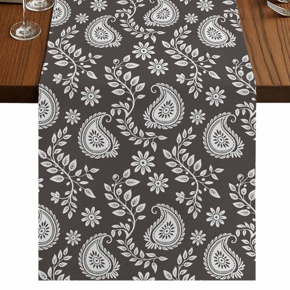 Table Runners 72 Inches Long Dress Scarves, Grey Paisley Farmhouse Kitchen/Dining Table Runner, Coffee Tablerunners, Ethnic Vintage Floral Botanical Abstract 16x72 Inch