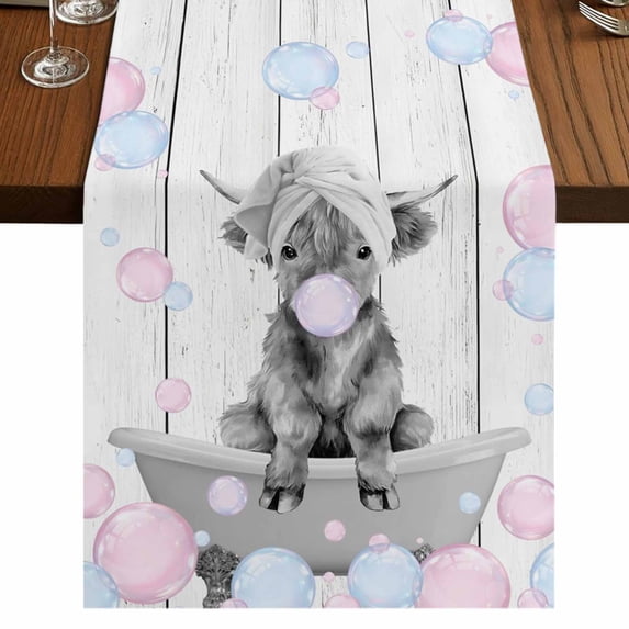 Table Runners 72 Inches Long Dress Scarves, Grey Yak Farmhouse Kitchen/Dining Table Runner, Coffee Tablerunners, Pink Blue Bubbles Bathtub Vintage Wooden 18x72 Inch