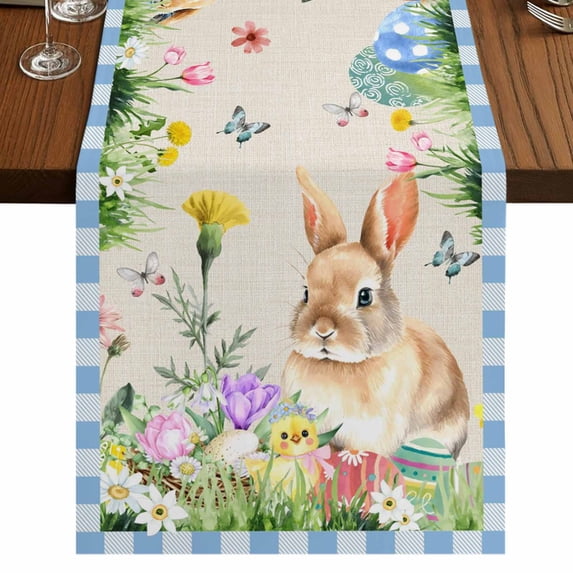 Table Runners 72 Inches Long Dress Scarves, Happy Easter Bunny Farmhouse Kitchen Table Runner, Coffee Tablerunners, Spring Floral Burlap Blue Plaid 18x72 Inch