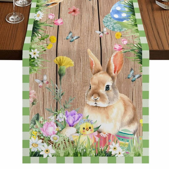 Table Runners 72 Inches Long Dress Scarves, Happy Easter Bunny Farmhouse Kitchen Table Runner, Coffee Tablerunners, Spring Floral Wooden Sage Green Plaid 14x72 Inch