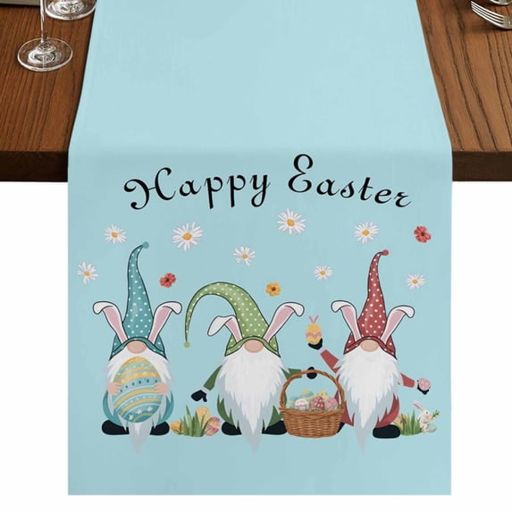 Table Runners 72 Inches Long Dress Scarves, Happy Easter Farmhouse Kitchen Table Runner, Coffee Tablerunners, Cute Gnomes Eggs Spring Daisy Flowers Blue 14x72 Inch