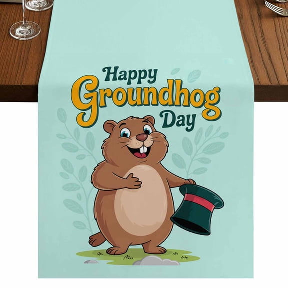 Table Runners 72 Inches Long Dress Scarves, Happy Groundhog Day Farmhouse Kitchen/Dining Table Runner, Coffee Tablerunners, Green Hat Spring Animals Mint Green 14x72 Inch
