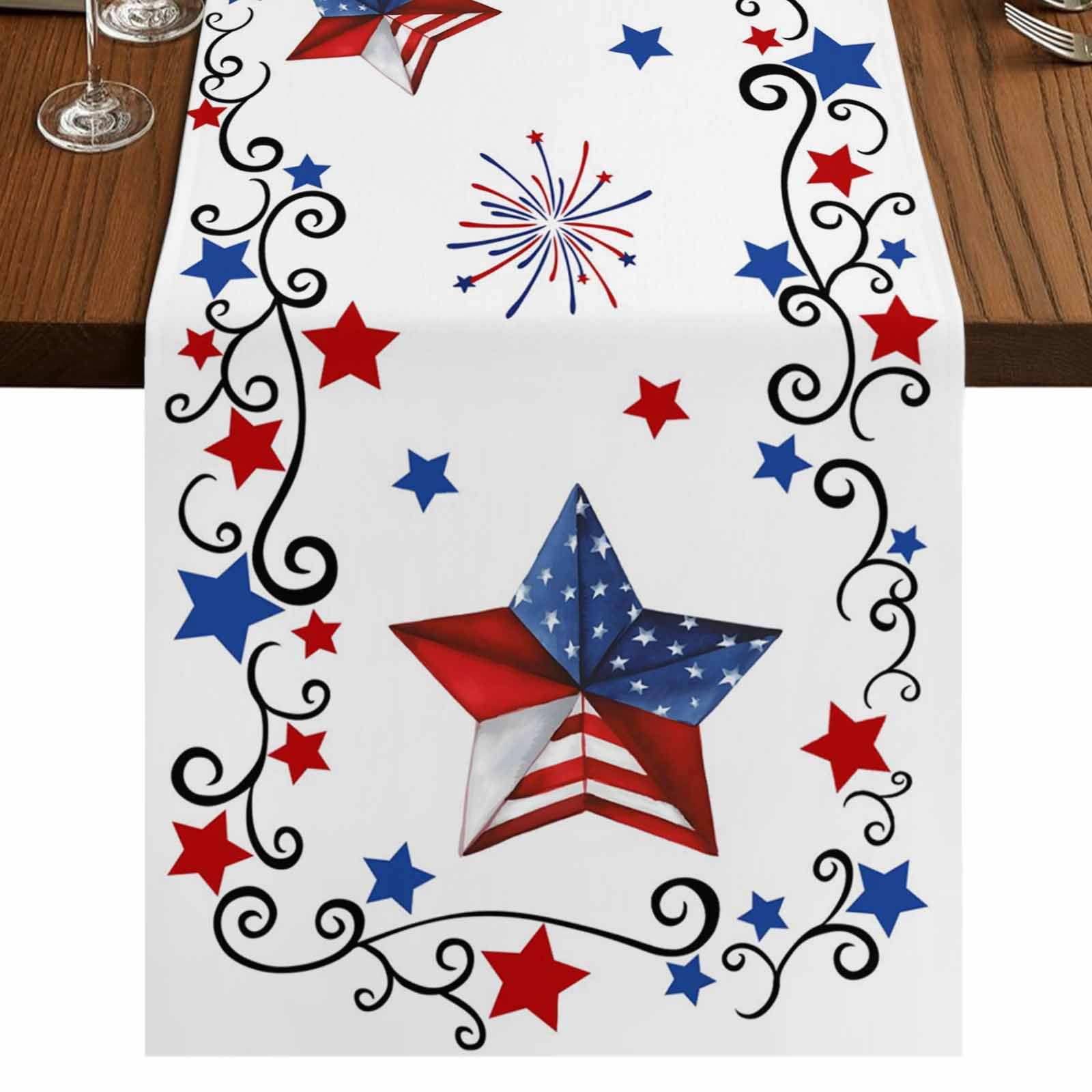 Table Runners 72 Inches Long Dress Scarves, Independence Day Farmhouse Kitchen Table Runner, Coffee Tablerunners, 4th of July Blue Red Star Fireworks 14x72 Inch