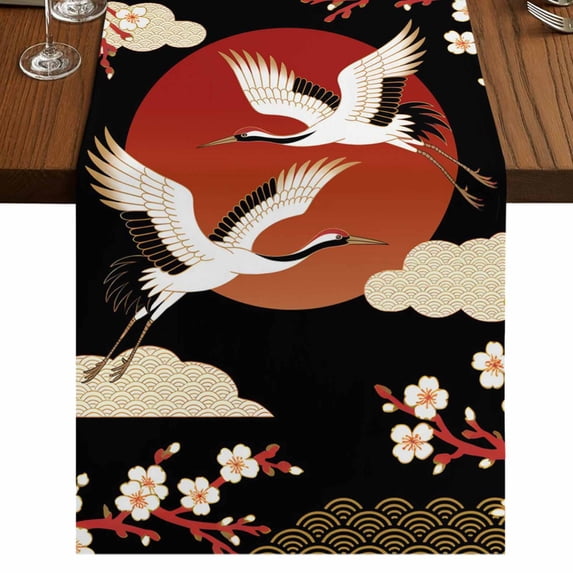 Table Runners 72 Inches Long Dress Scarves, Japanese Style Farmhouse Kitchen/Dining Table Runner, Coffee Tablerunners, Modern Cranes Cherry Flower Wave Red Brown 18x72 Inch